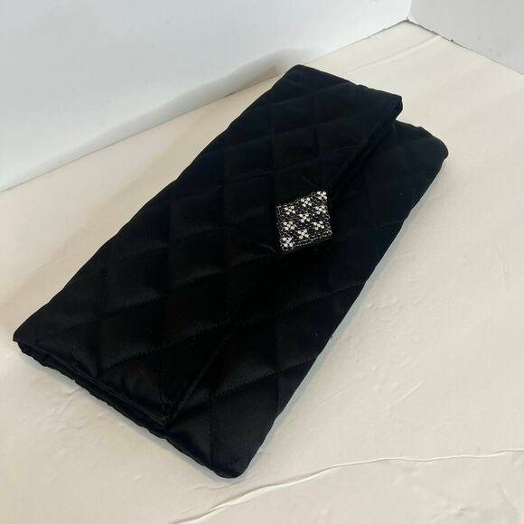 KATE LANDRY Black Clutch Quilted Vtg Purse Evening Folder Bag With Rhinestone - Picture 12 of 16